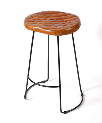  - Elm Home And Garden Genuine Tan Brown Leather Top Bar Stool With Black Metal Frame H 70 X W 52 X D 36 Cm