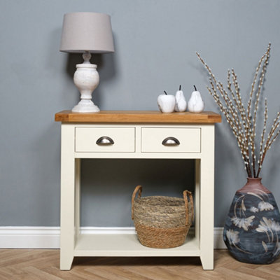 B&Q Elm Home And Garden Painted /Off Oak Wooden 2 Drawer Console Hall Telephone Table 81Cm High X 85Ch High X 34Cm Deep Cream/White