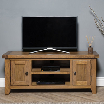 B&Q Elm Home And Garden Large Rustic Oak Wooden Tv Video Media Unit Stand 50Cm High X 120Cm Wide X 37Cm Deep Fully Assembled