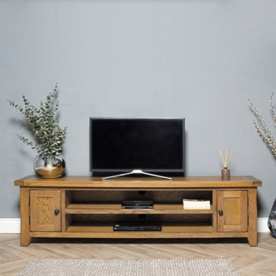 B&Q Elm Home And Garden Large Rustic Oak Wooden Tv Video Media Unit Stand 50Cm High X 180Cm Wide X 37Cm Deep Fully Assemblede