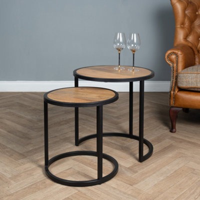  - Elm Home And Garden Round Nest Of Two Tables Solid Mango Wood Black Metal End Side 58Cm X 55Cm X 55Cm Fully Assembled