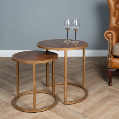  - Elm Home And Garden Round Nest Of Two Tables Solid Mango Wood Gold Metal End Side 58Cm X 55Cm X 55Cm Fully Assembled