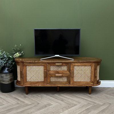 Elm Home And Garden Soild Mango Wood Rattan Oval Tv Media Unit Doors Dark Oak Finish 140Cm Wide Assembled from B&Q