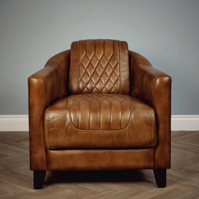 B&Q -  Real Genuine Leather Tub Aviator Wing Accent Arm Chair Brown Tan