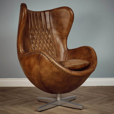 B&Q -  Real Genuine Leather Swivel Egg Aviator Wing Accent Arm Chair Brown Tan