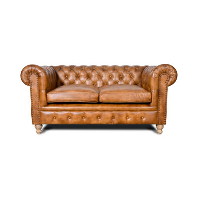 2 Seater Real Genuine Leather Chesterfield Sofa Brown Tan Hard Wood Frame 158Cm from B&Q