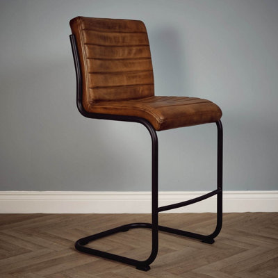 Elm Home And Products Real Genuine Leather Kitchen Café Bar Stool With Back Tan Brown Fully Assembled from B&Q