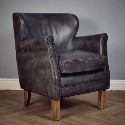 B&Q -  Real Genuine Leather Tub Aviator Wing Accent Arm Chair Grey 86Cm High X 73Cm Wide X 73Cm Deep