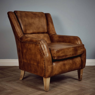 B&Q -  Real Genuine Leather Tub Aviator Wing Accent Arm Chair Brown Tan 97Cm High X 80Cm Wide X 97Cm Deep