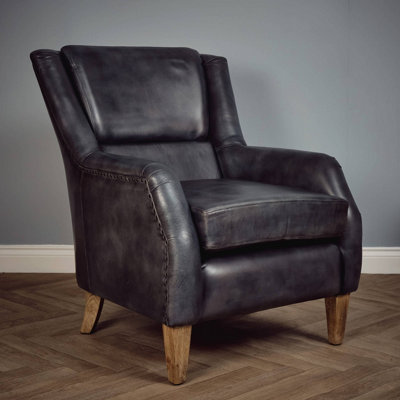 B&Q -  Real Genuine Leather Tub Aviator Wing Accent Arm Chair Grey 97Cm High X 80Cm Wide X 97Cm Deep