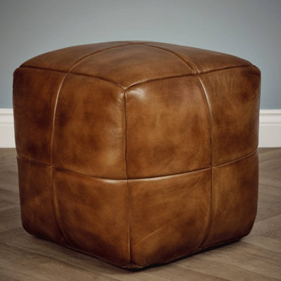 B&Q -  Real Genuine Leather Foot Stool Rest Poufe Tan Brown 45Cm High X 50Cm Wide X 50Cm Deep