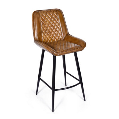  - Elm Home And Garden 100% Real Genuine Leather Breakfast Kitchen Bar Stool Tan Brown With Back Rest