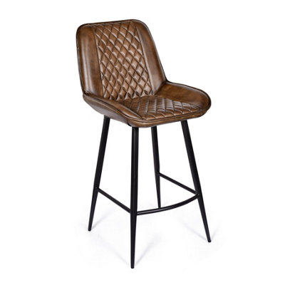  - Elm Home And Garden 100% Real Genuine Leather Breakfast Kitchen Bar Stool Tan Brown With Back Rest