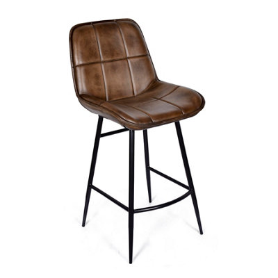  - Elm Home And Garden 100% Real Genuine Leather Breakfast Kitchen Bar Stool Tan Brown With Back Rest