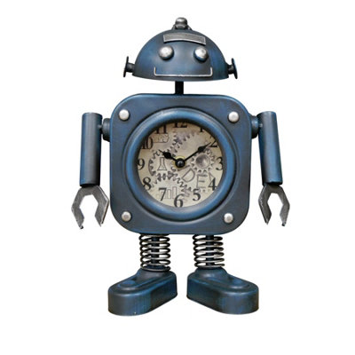 Blue Robot Clock Quartz Metal Industrial Style Desk Table Gear Design Battery - Image 2