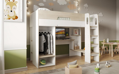 Flair Furniture Coco White & Oak High Sleeper Workstation Bed - Integrated Desk, Wardrobe, LED Strip - Image 7