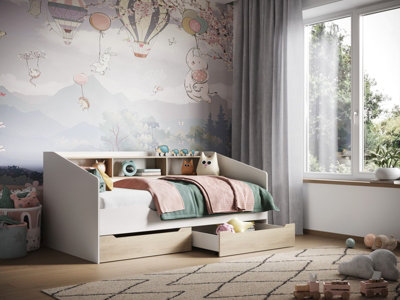 Flair Furniture Leni Day Bed - White and Oak - Single Bed with Storage Drawers & Shelf - Durable Wood - H:76cm W:107.5cm D:195cm - Image 6