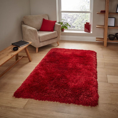  - Red Plain Handmade Modern Shaggy Easy To Clean Rug For Bed Room Living Room And Dining Room-150Cm X 230Cm