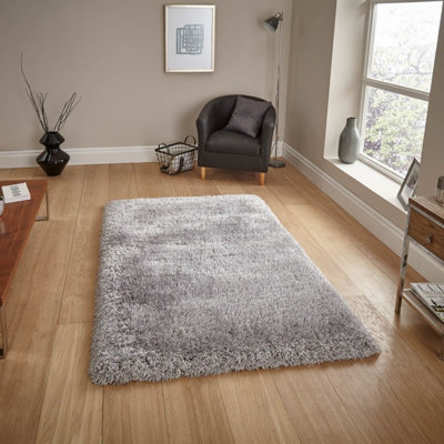 Silver Plain Shaggy Handmade Modern Easy To Clean Rug For Bedroom Dining Room Living Room -60Cm X 120Cm from B&Q