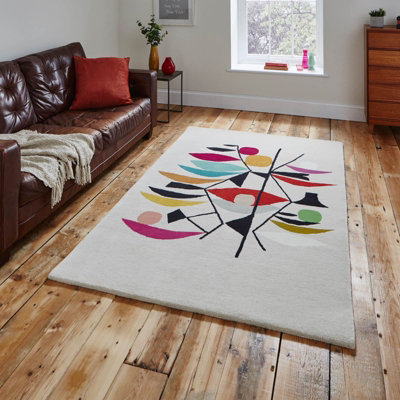 B&Q Beige Luxurious Modern Wool Abstract Rug For Bedroom & Living Room-120Cm X 170Cm
