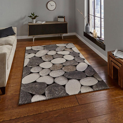  - Cream/grey Funky Abstract Modern Easy To Clean Rug For Dining Room-120Cm X 170Cm