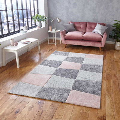 B&Q Grey /Rose Modern Geometric Easy To Clean Rug For Dining Room-160Cm X 220Cm