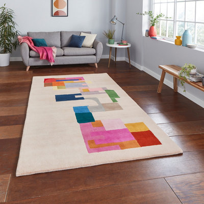 B&Q Beige Designer Wool Luxurious Modern Abstract Rug For Bedroom & Living Room-120Cm X 170Cm