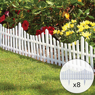 Kct 8 Pack Interlocking Plastic Lawn Border Edging Flexible White Picket Fence Garden Borders64 Pieces Total from B&Q