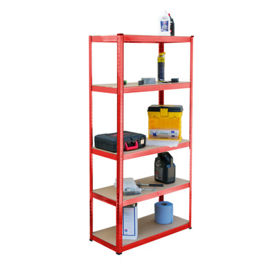 B&Q -  Garage Shelving 5 Tier Unit Metal Shelving Unit Red Shed Storage Racking 180 X 90 X 40Cm