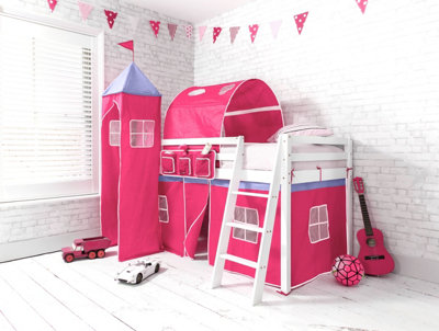 Nöa & Nani Moro Cabin Kids Solid Wood Midsleeper Bed With Cotton Pink TentTower & Tunnel In Classic White from B&Q