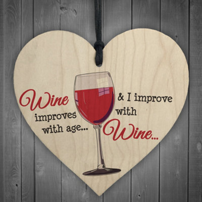 Red Ocean I Improve With Wine Novelty Wooden Hanging Heart Gift from B&Q