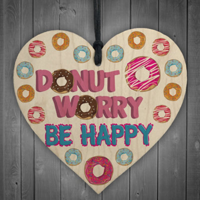 Red Ocean Donut Worry Be Happy Wooden Hanging Heart Funny Friendship Gift from B&Q