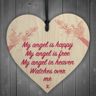 B&Q -  Angel In Heaven Memorial Bereavement Wood Heart Hanging Plaque Grave Gift Sign
