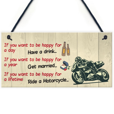 Red Ocean Happy Life Motorcycle Funny Motorbike Man Cave Hanging Plaque Garage Gift Sign from B&Q