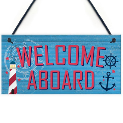Red Ocean Welcome Aboard Nautical Seaside Marine Theme Gift Hanging Plaque Bathroom Bedroom Boat Sign from B&Q