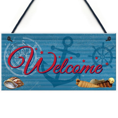 B&Q -  Welcome Nautical Seaside Marine Themed Home Gift Hanging Plaque Bedroom Bathroom Boat Sign