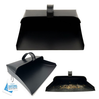 B&Q -  Traditional Metal Hooded Dustpan Heavy Duty Powder Coated Steel Ash Pan (Black)