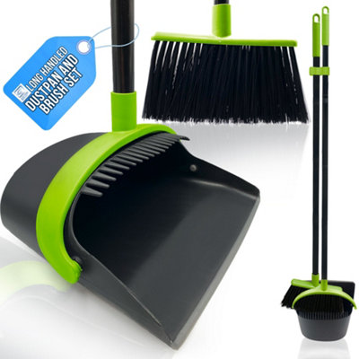The Dustpan & Brush Store Long Handled Dustpan And Brush Set Upright Sweeping Broom With Built-In Bristle CleanerGreen from B&Q