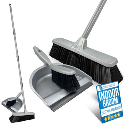 B&Q -  Indoor Soft Sweeping Broom And Dustpan Set Long Handle Floor Brush For Wood And Tile