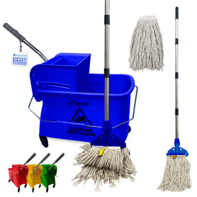 B&Q -  Professional Kentucky Floor Mop And Bucket Set On Wheels Large Capacity Commercial Industrial Floor Mop Bucket With WringerBlue