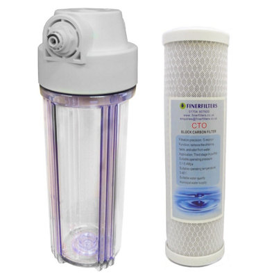 Finerfilters 10" Standard Clear Water Filter Housing With 1/2"female Ports & 5 Micron Carbon Block Filter Fittings Inc. For 1/4" Push Fit from B&Q