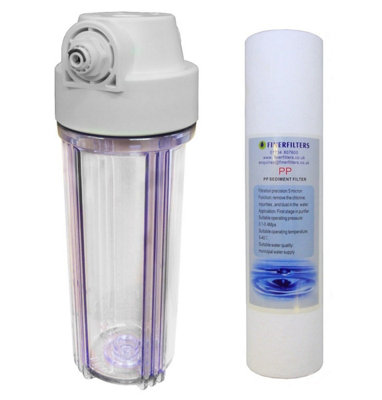 Finerfilters 10" Standard Clear Water Filter Housing With 1/2" Female Ports & 5 Micron Sediment Filter Fittings Inc. For 1/4" Push Fit from B&Q