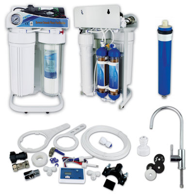 Finerfilters Dental Surgery Rodi Pure Water Filter System - 75Gpd With Double Di Filters, Booster Pump, Inline Tds Meter, And Chrome Tap