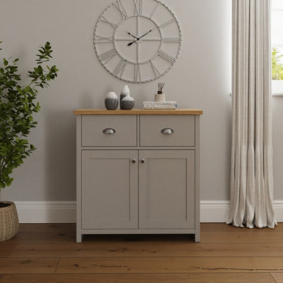 GFW Lancaster Compact Sideboard - Grey with Oak Effect Top - 2 Drawers, Double Cupboard - Image 10