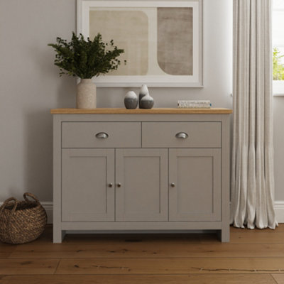 GFW Lancaster Large Sideboard - Grey Matte Finish - Oak Veneered Top - 2 Drawers - 3 Door Cupboard - Image 10