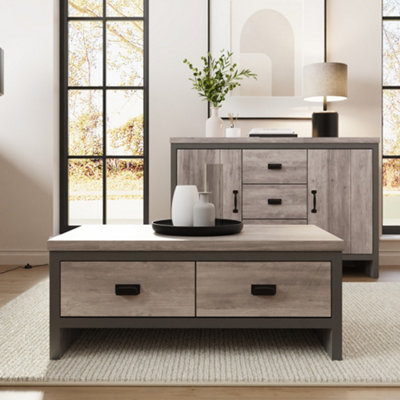 GFW Boston 2 Drawer Grey Coffee Table - Distressed Oak/Industrial Grey Effect - 30mm Chunky Top - Wood Frame - Image 8