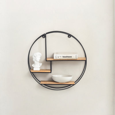 B&Q -  Marly Wall Shelf Floating Shelf Wall Mounted Shelf Book Shelves Solid Wood & Iron Storage Shelf Black & Natural 49.5 Cm Round