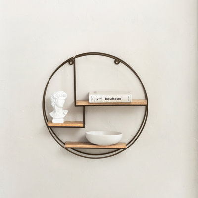 B&Q -  Marly Wall Shelf Floating Shelf Wall Mounted Shelf Book Shelves Solid Wood & Iron Storage Shelf Bronze & Natural 49.5 Cm Round