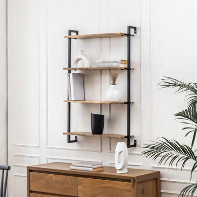 MH London Phantom 4 Tier Wood & Iron Wall Shelf Floating Shelf Wall Mounted Shelf Book Shelves In Natural