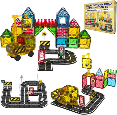 Desire Deluxe Magnetic Building Tiles Road Blocks Magnet Crane Car Set For Kids, Educational Preschool Stem Learning Montessori Construction Toy